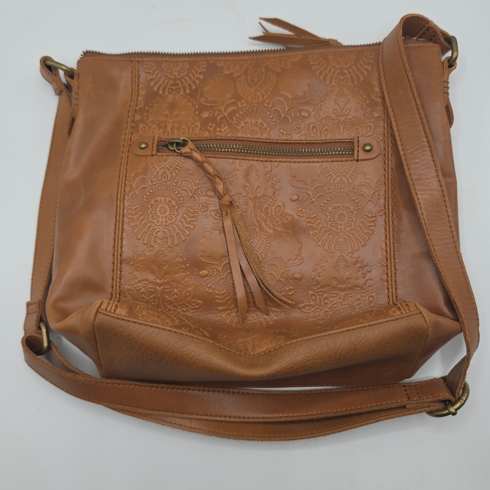 The Sak Ashland Tobacco Floral Cognac Brown Leather Embossed Crossbody Bag